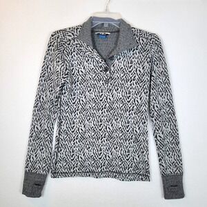 KAVU Womens Geometric Knit Henley Pullover Sweater Thumbholes Size XS Gray Cold